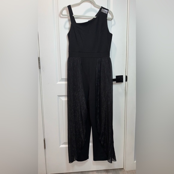 Alexa B Nites Black 1 Shoulder Jumpsuit Sz6 Beaded Strap Sheer Metallic Overlay - Picture 2 of 12